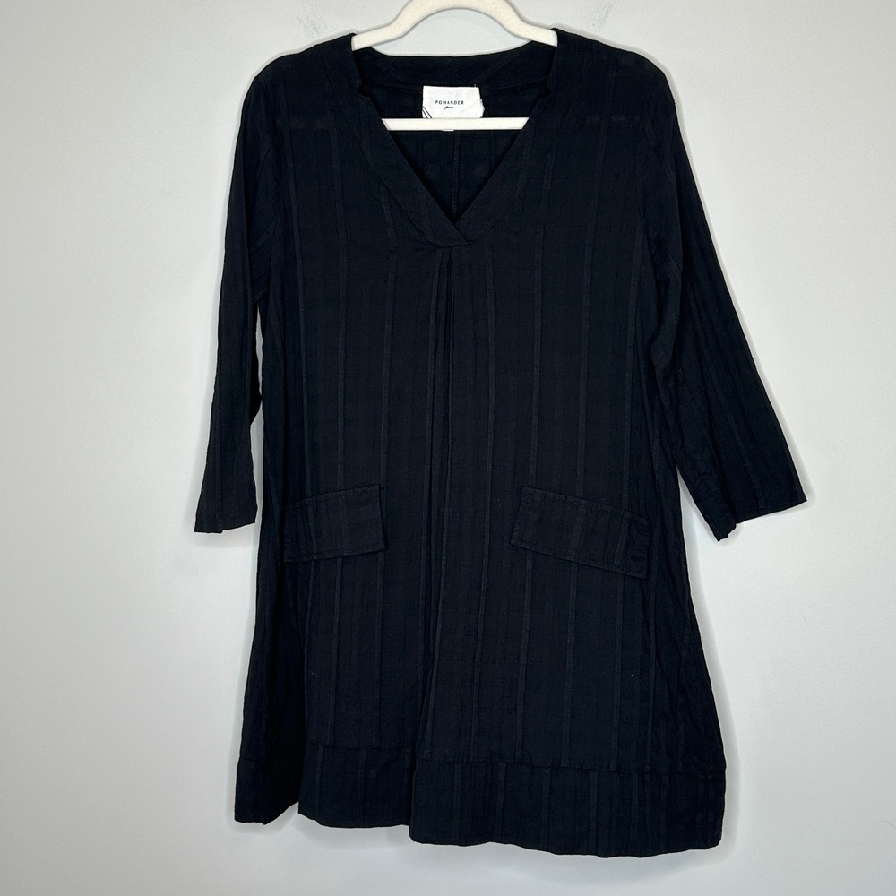 Pomander Place Black Cotton Dress V Neck 3/4 Sleeve Pockets Mini Shirt‎ Dress